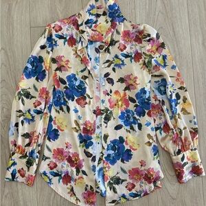Zara Cream Floral Button-Up Blouse with Blue, Pink & Yellow Blooms